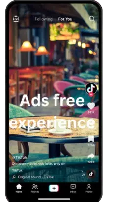 TIKTOK ad-free version interface showing a clean, distraction-free mobile screen experience in a vibrant cafe